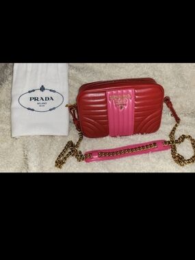 Prada Red and Pink Quilted Camera Crossbody with Gold Chain new
